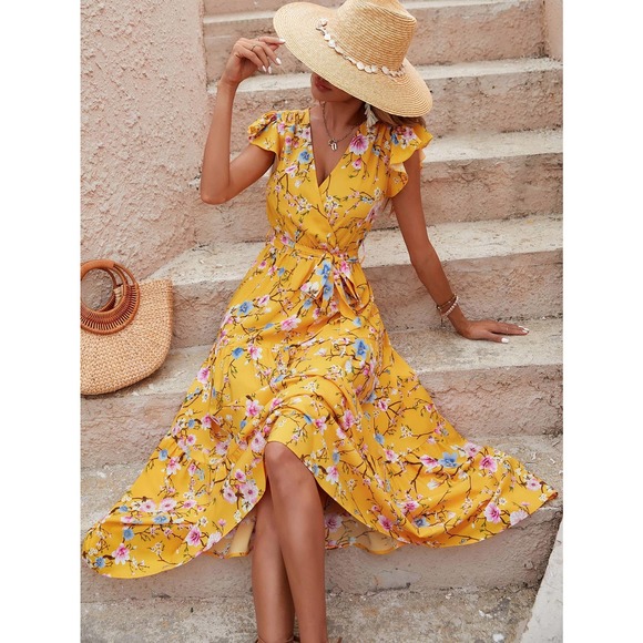 Floral Print Butterfly Sleeve Ruffle Hem Belted maxi Dress white pink - Picture 10 of 12